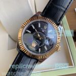 Top Graded Copy Rolex Sky-Dweller Black Dial Black Leather Strap Watch